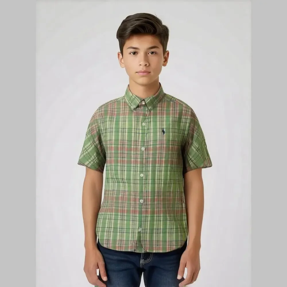 Ralph Lauren Boys Shirt Sz‎ 5 Green Orange Yellow Plaid Button Down Short Sleeve